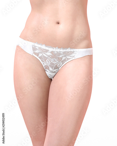 Girl in sexy panty. Transparent panties underwear. Extravagant fashion art. Woman standing candid provocative sexy pose. Photorealistic 3D rendering isolate illustration. Studio.