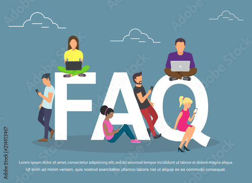 Flat women and men with letters symbols faq on blue background