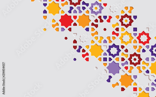 Arabic arabesque design greeting card for Ramadan Kareem. Islamic abstract ornamental colorful detail of mosaic.Vector illustration.