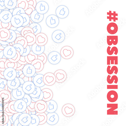 Social media icons. Social media obsession concept. Falling scattered thumbs up hearts. 