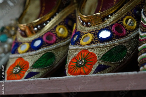 Closeup view of Indian woman footwear,in display of retail store,in the market