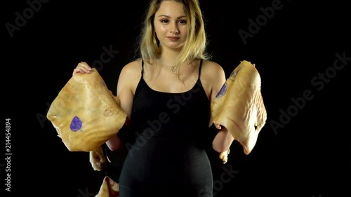 Blonde Girl with Big Eyes Using Pig Skin for Covering.