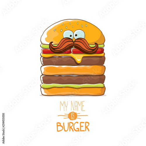 vector cartoon smiling big burger character with cheese, meat and salad icon isolated on white background. my name is burger vector concept illustration