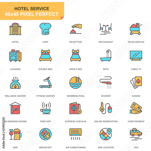 Flat line hotel services icons set for website and mobile site and apps. Contains such Icons as Luggage, Reception, Services, Fitness Center. 48x48 Pixel Perfect. Pictogram pack. Vector illustration.