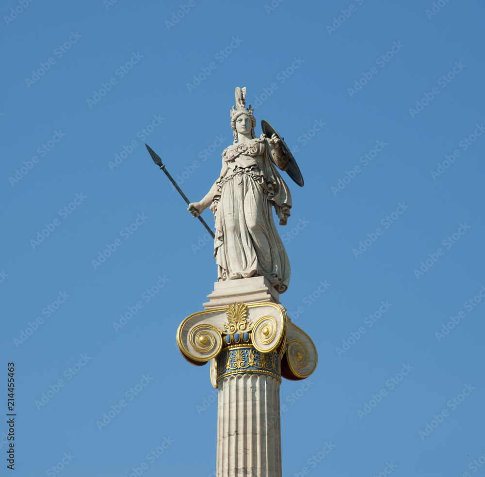 Goddess Athena statue on the column, goddess of wisdom and knowledge, handcraft and warfare 