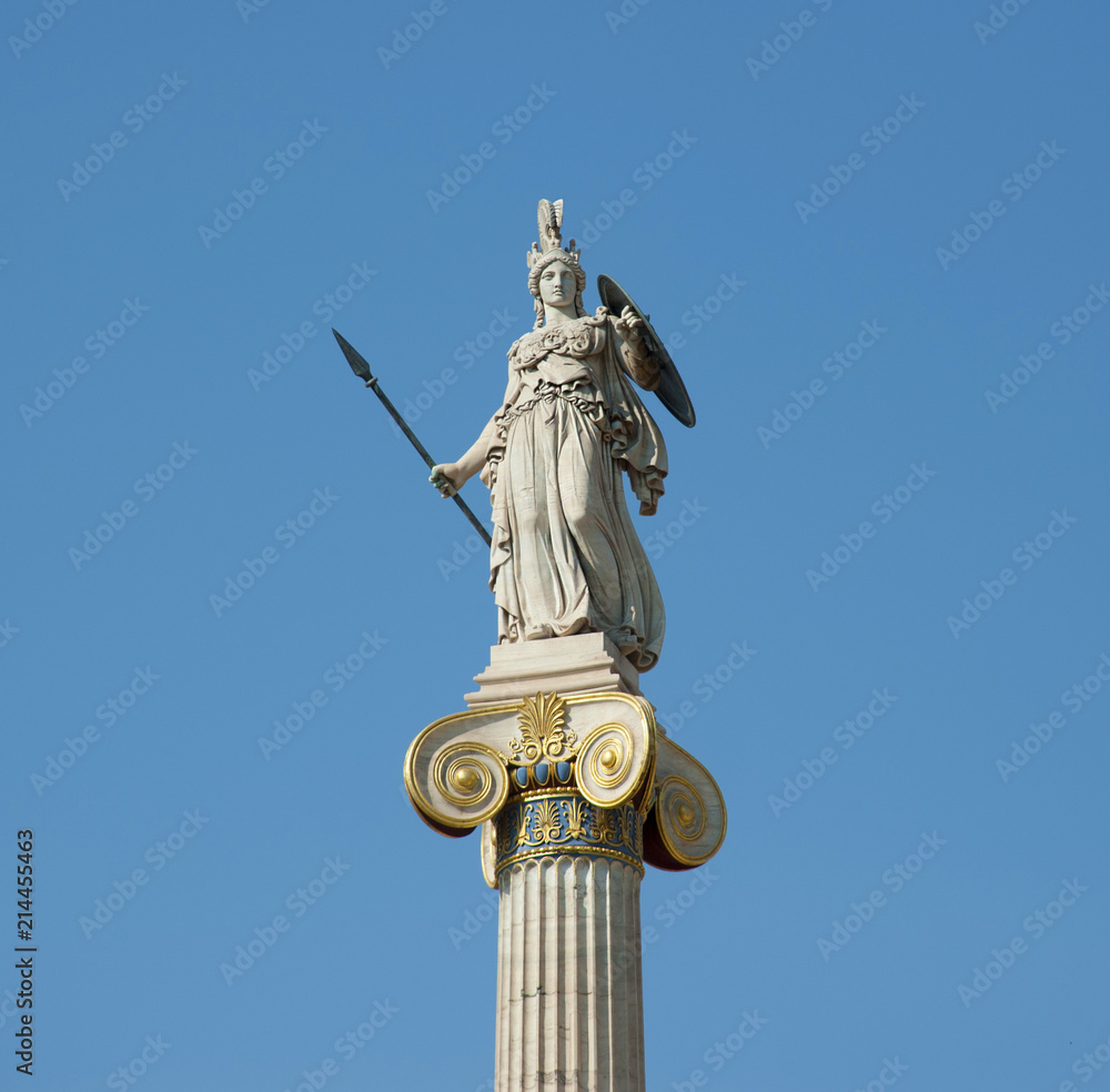 Goddess Athena statue on the column, goddess of wisdom and knowledge, handcraft and warfare Goddess Athena statue on the column, goddess of wisdom and knowledge, handcraft and warfare