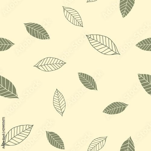 Seamless pattern with green leaves on beige background, raster