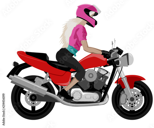 Classic motorcycle with blond girl rider in helmet side view isolated on white vector illustration