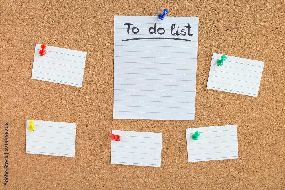 Cork memory board with pinned blank peaces of paper, to do list bulletin board, horizontal Cork memory board with pinned blank peaces of paper, to do list bulletin board, horizontal