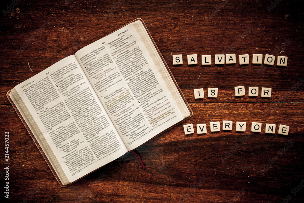 Fototapeta premium Flat lay of an open Bible and text.