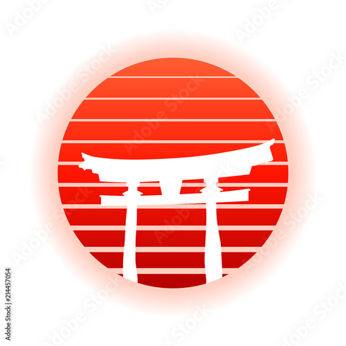 Japanese Torii Gate And Red Rising Sun. EPS10 Vector With Transparency