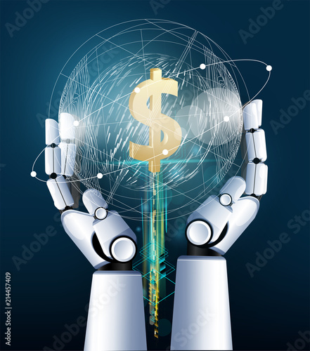 Business investment machine Learning big data deep learning server digital controls devices hand robot artificial intelligence science lab 3D Vector illustration-01