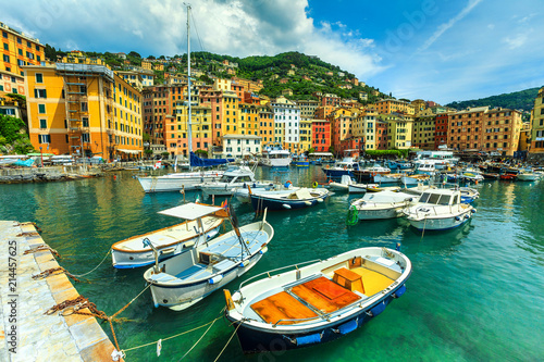Spectacular Mediterranean harbor with yachts, Camogli resort, Liguria, Italy, Europe