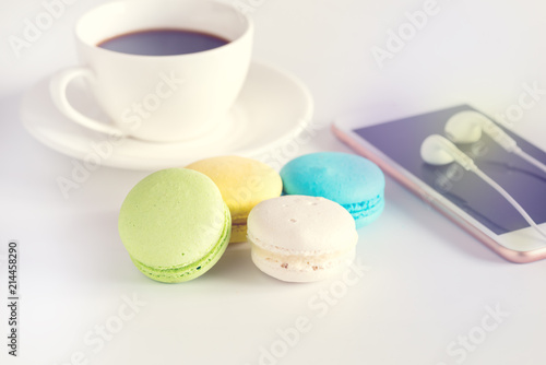 Cup of Coffee Colorful Macarons Telephohe Lifestyle Concept Dessert Toned