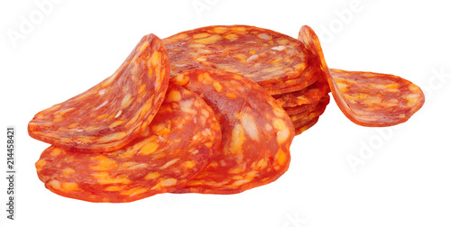 Spicy chorizo sausage meat slices isolated on a white background photo