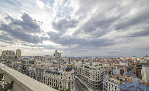 Madrid, Spain cityscape above Gran Via shopping street. Spain during sunset.