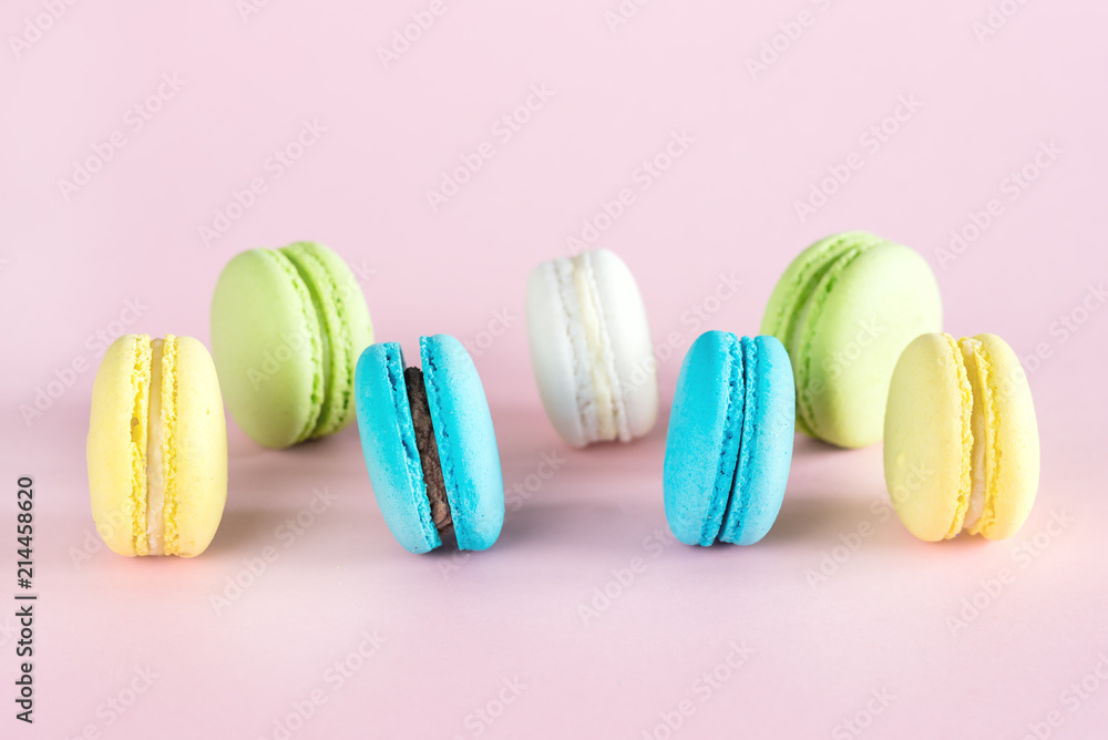 Colorful Macarons Yellow Blue Green Macarons French Dessert Tasty Macarons Pink Background Colorful Macarons Yellow Blue Green Macarons French Dessert Tasty Macarons Pink Background