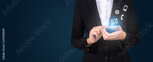 businesswomen hand using smart phone, Contact us connection concept, mail, telephone and address. Customer service call center contact us concept