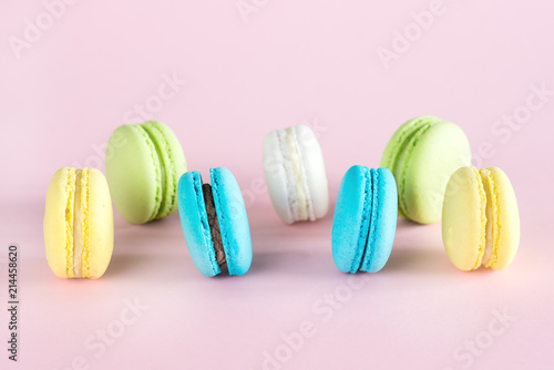 Colorful Macarons Yellow Blue Green Macarons French Dessert Tasty Macarons Pink Background