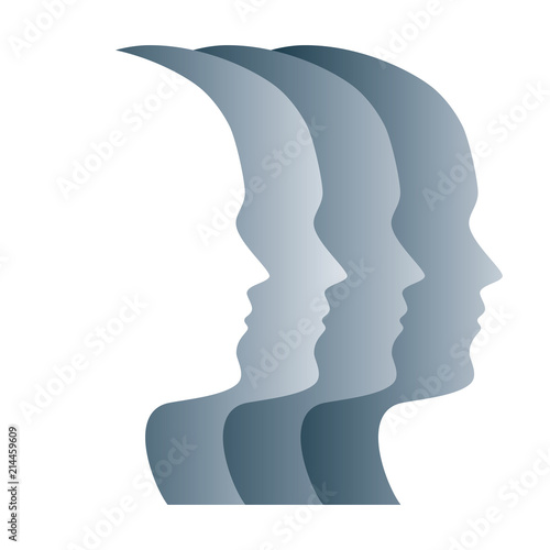 Gray silhouettes of faces, positioned in a straight row. Four overlapping heads, as a symbol for egality, marching in step, military, obedience and loss of identity. Psychology. Illustration. Vector.