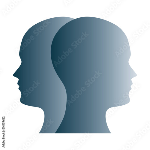 Janus face symbol made of gray silhouettes of two heads. Two overlapping heads as sign for duality, anxiety, uncertainty and other psychological problems and questions. Illustration over white. Vector