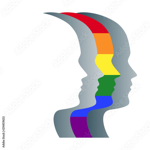 Gay and gray silhouettes of faces, positioned in a straight row. Overlapping heads, one striped and in the colors of the LGBT flag, a symbol for gay pride, peace and human rights. Illustration. Vector