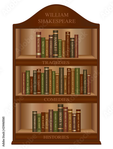 William Shakespeare play books on wooden bookshelf - Tragedies, Comedies and Histories