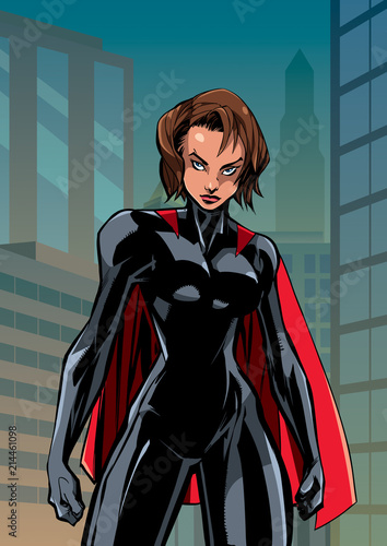 Illustration of powerful superheroine posing on city background.