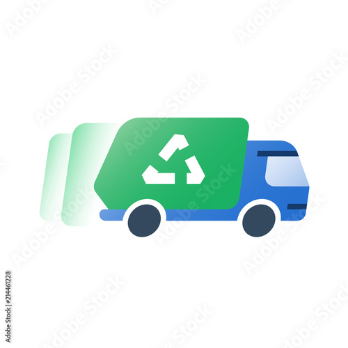 Dump vehicle, garbage removal green truck, fast service, collect rubbish