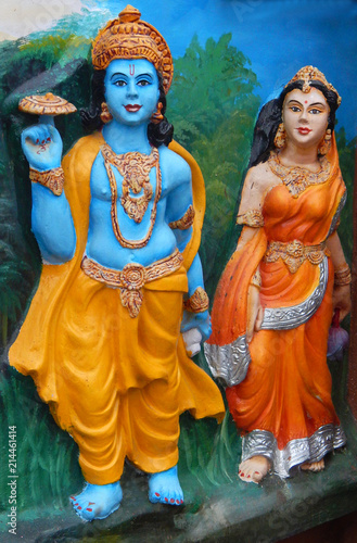 View of Hindu God Vishnu and Goddess Lakshmi wall art in a temple