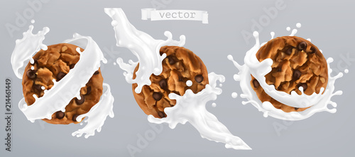 Chocolate cookies and milk splash. 3d realistic vector icon
