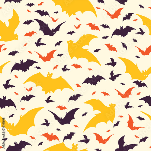 Flying Halloween Bats Vector Pattern, Hand Drawn Seamless Black Bat Silhouett...