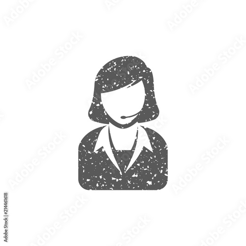 Female receptionist icon in grunge texture. Vintage style vector illustration.