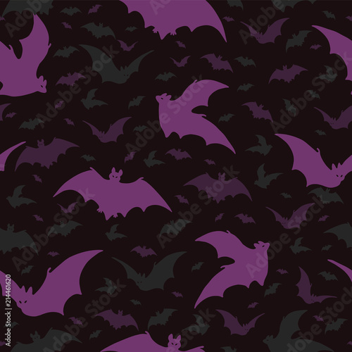 Flying Halloween Bats Vector Pattern, Hand Drawn Seamless Purple Bat Silhouette Illustration for Seasonal Fashion Prints, Animal Stationery, Trick or Treat Party Decor, Holiday Gift Wrap, Costumes
