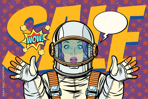 discounts sales woman wow astronaut retro background