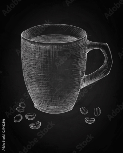 Hand drawn Cup of coffee with coffee beans on blackboard background
