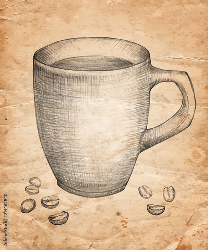 Hand drawn Cup of coffee with coffee beans on old paper background