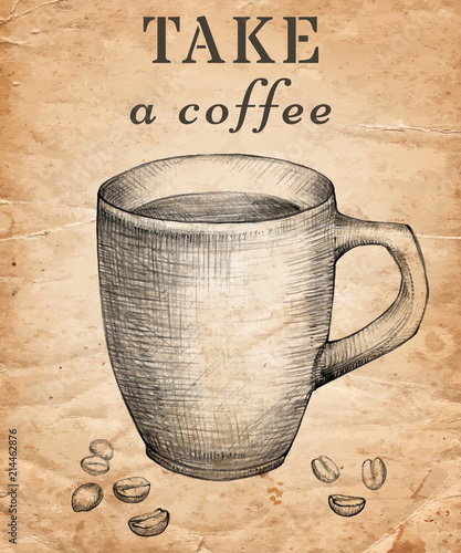 Hand drawn Cup of coffee with coffee beans on old paper background