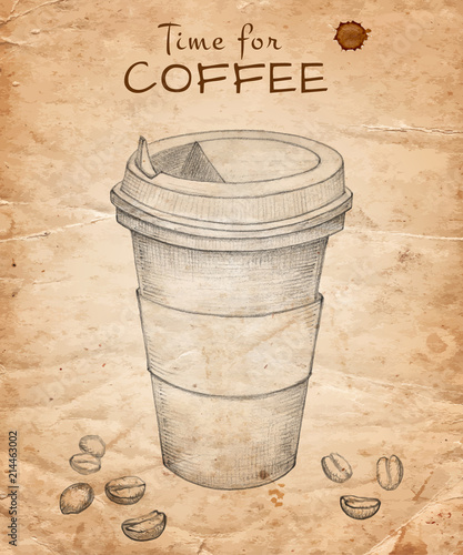 Hand drawn Cup of coffee with coffee beans on old paper background