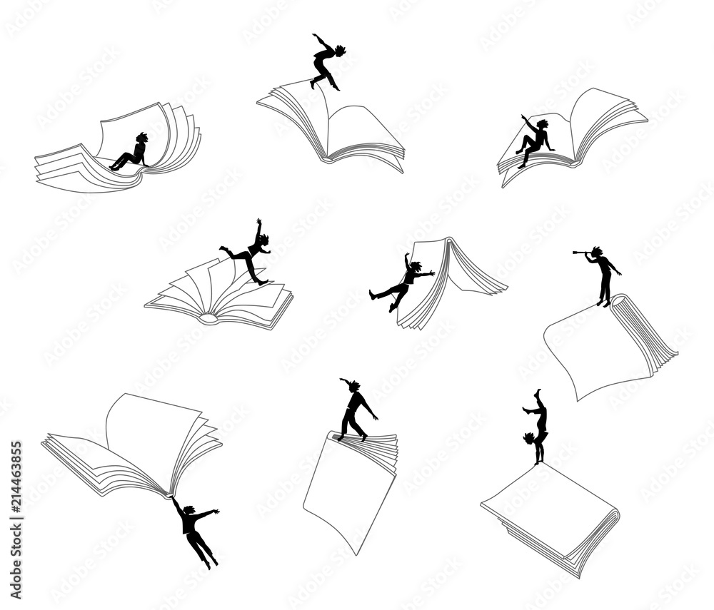 Obraz premium Reading book, Young human and literature. Vector illustration, clip art in black and white silhouette, lines.