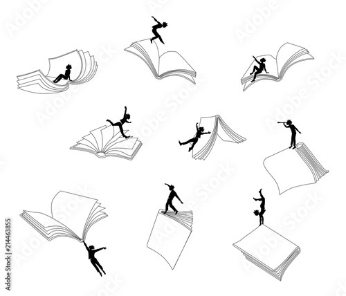 Reading book, Young human and literature. Vector illustration, clip art in black and white silhouette, lines.