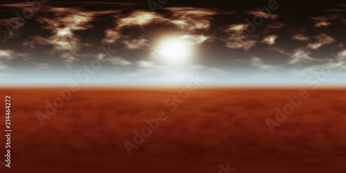 high resolution environmental 360 degree HDRI map, spherical panorama, 3d illustration background, 8k, for equirectangular projection (dark sky with sun, white clouds and stars over red planet)