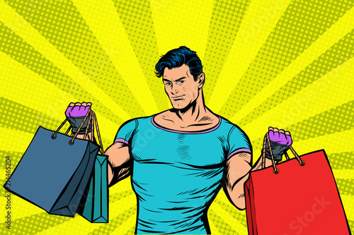 strong muscular man with bags on sale
