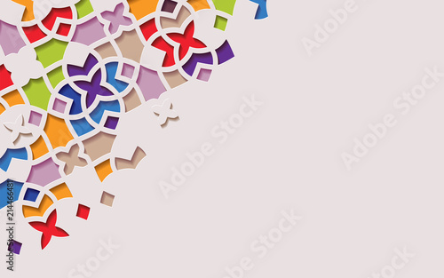 Islamic arabesque design greeting card for Ramadan Kareem. Arabic ornamental colorful detail of mosaic. Vector illustration.