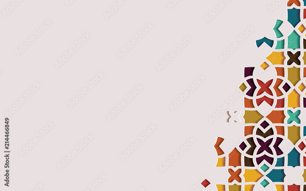 Fototapeta premium Islamic arabesque design greeting card for Ramadan Kareem.Arabic ornamental colorful detail of mosaic. Vector illustration.