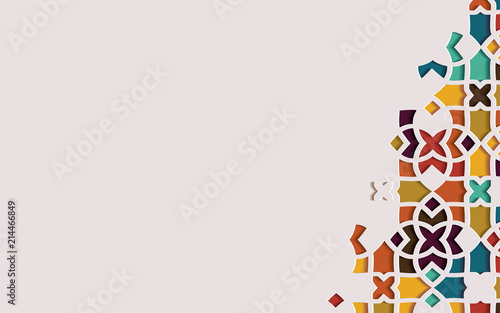 Islamic arabesque design greeting card for Ramadan Kareem.Arabic ornamental colorful detail of mosaic. Vector illustration.