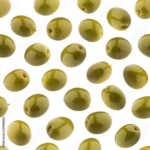 Green olives seamless pattern isolated on white background