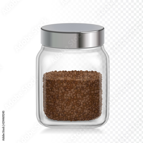 Coffee glass jar icon. Instant coffee granules realistic package