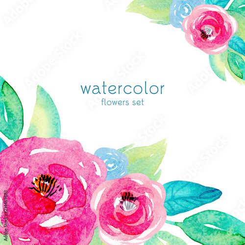 watercolor frame with beautiful stylized pink flowers and leaves hand-painted