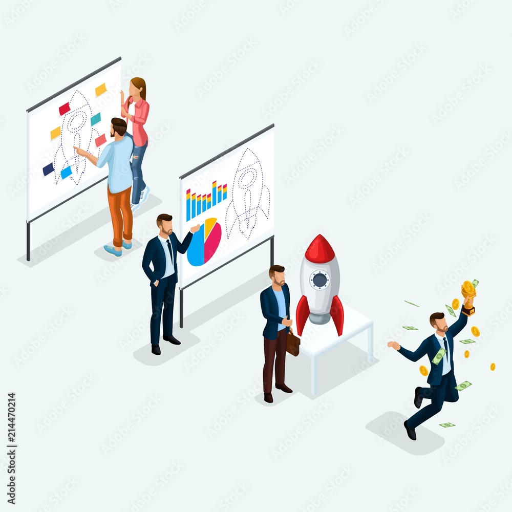 Trendy Isometric people, 3d businessman, development of start-up, path to success, creative young people, team of professionals, business creation, rocket on light Trendy Isometric people, 3d businessman, development of start-up, path to success, creative young people, team of professionals, business creation, rocket on light